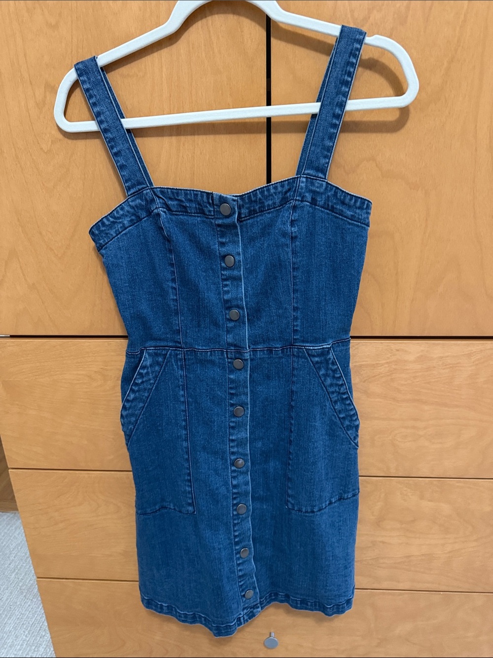 Denim Button-Front Pinafore Dress in Classic Blue